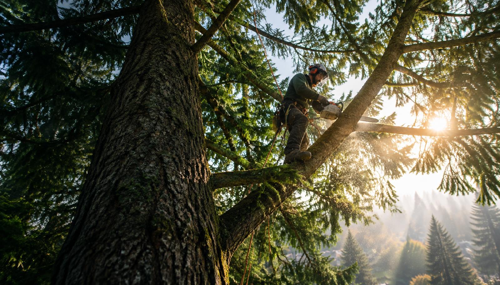 Arborist pruning a limb high in a mature evergreen on a Salem, Oregon property