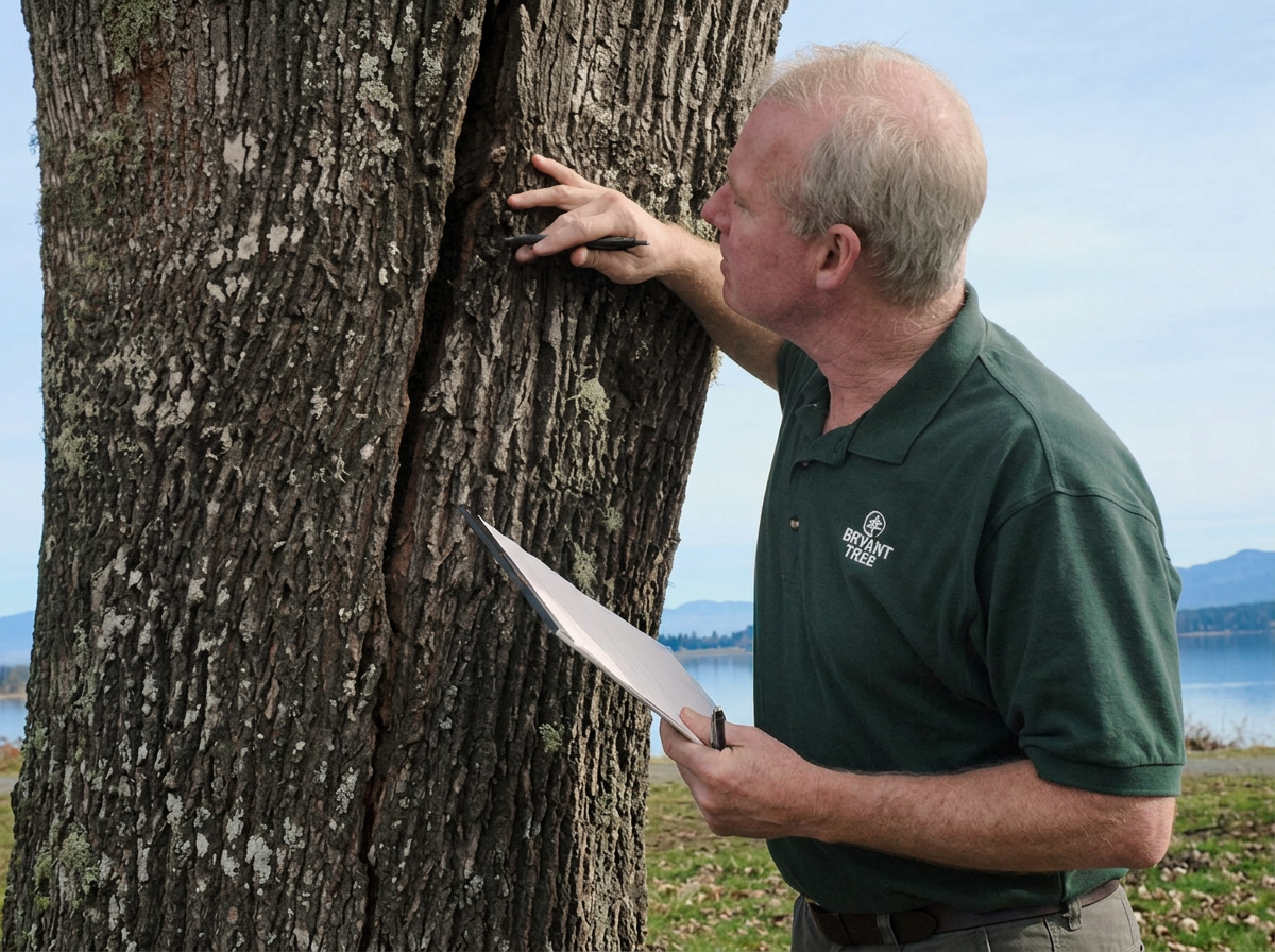 Pat Bryant inspecting the trunk of a mature tree