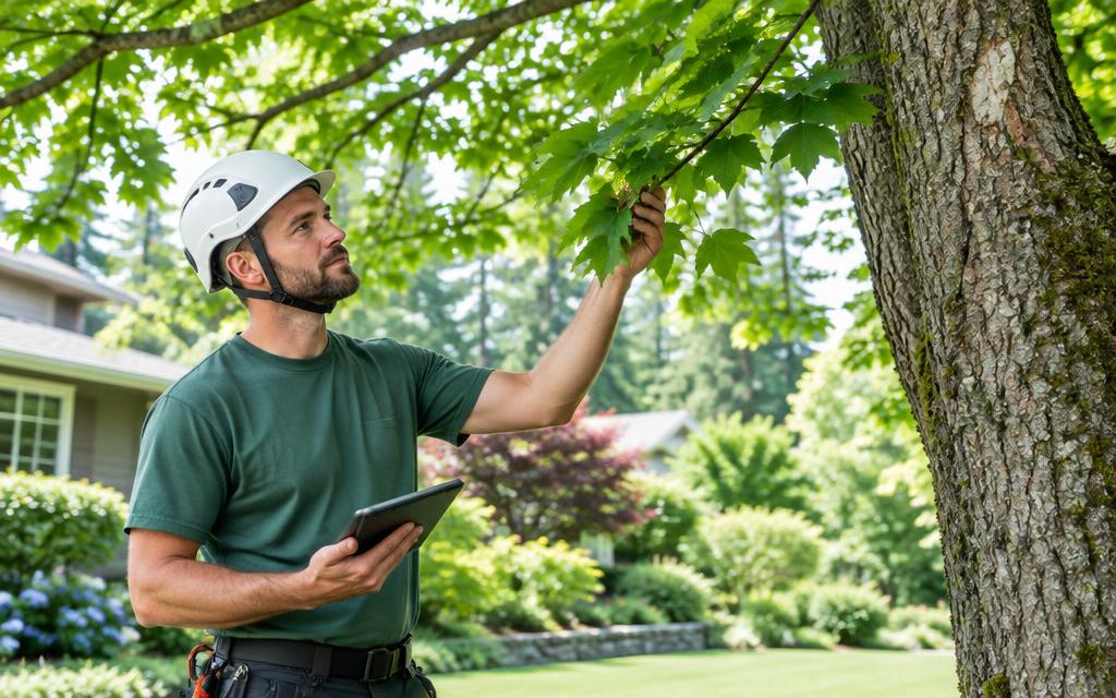 Arborist inspecting a mature tree's leaves and trunk