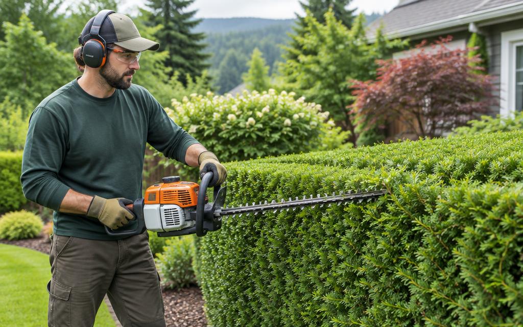 Landscaper trimming an evergreen hedge