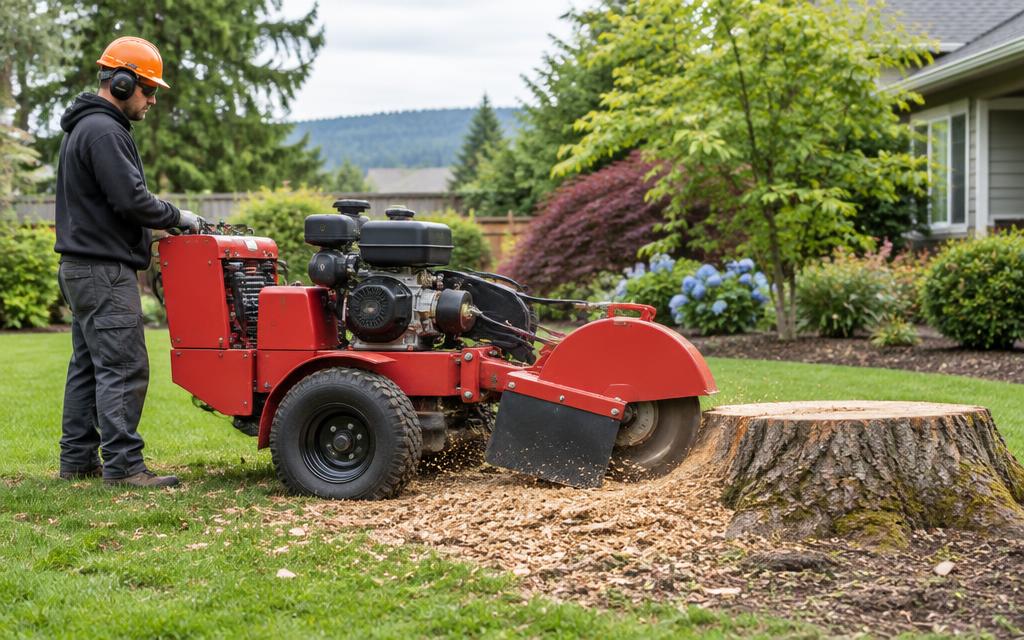 Stump grinder removing a tree stump in a garden